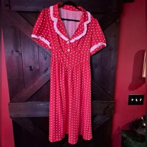 Red and White Polka Dot Dress With White Trim 2XL